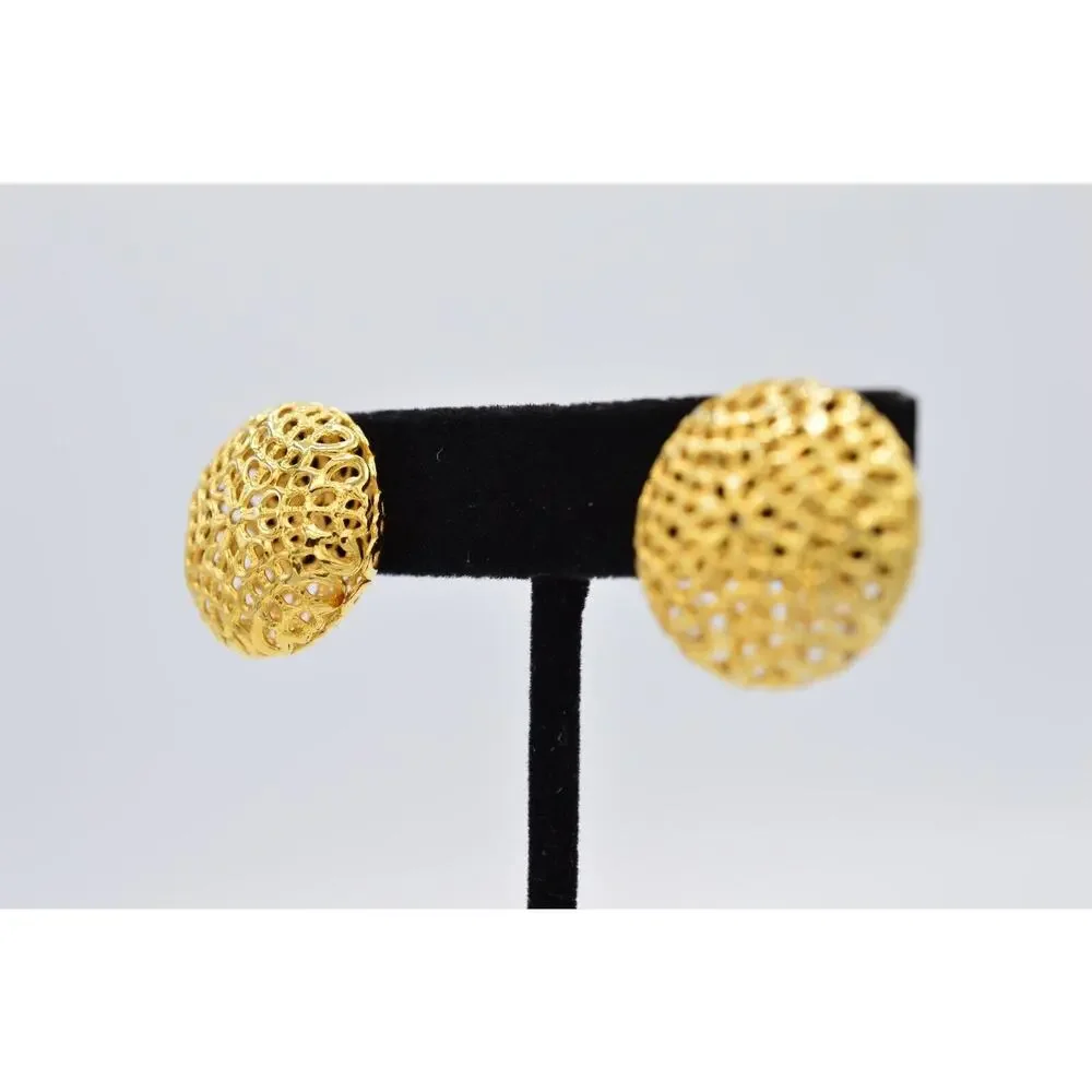 Vintage Stud Earrings Metallic Gold Round Puffy Filigree Chunky NOS 1980s 9L